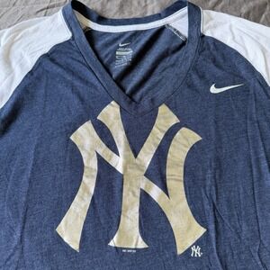 Nike‎ Womens New York Yankees MLB V-Neck Raglan T-Shirt Navy Blue White XL
